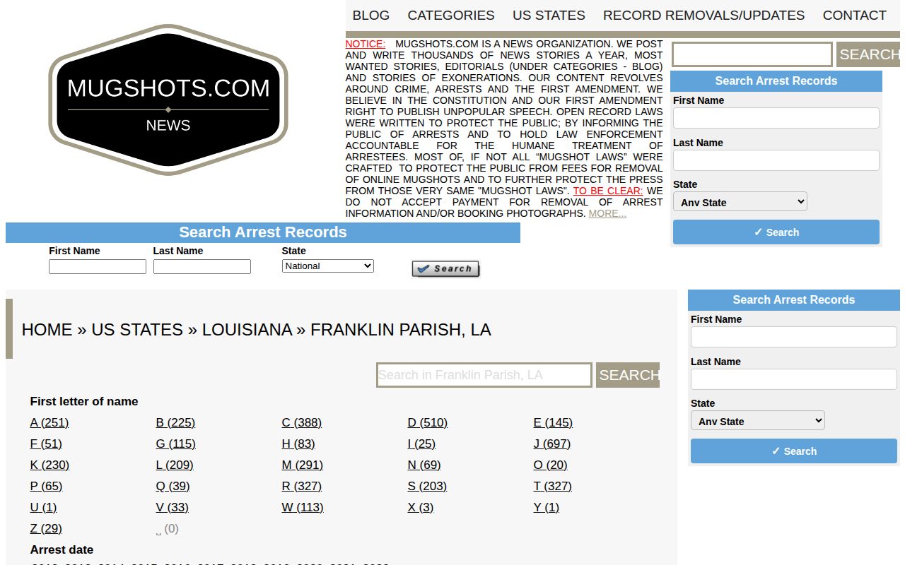 Unofficial Mugshots.com historical index for Franklin Parish Louisiana