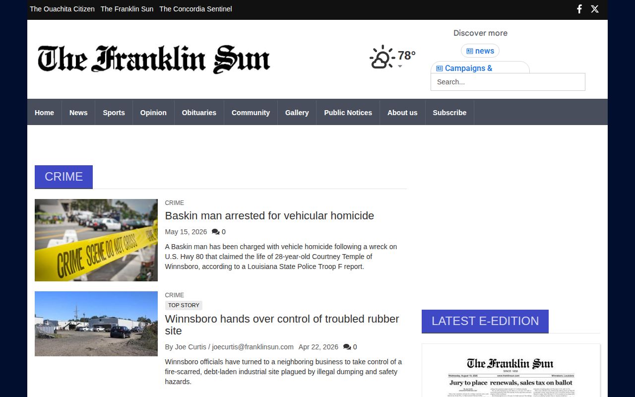 The Franklin Sun Crime section for local Franklin Parish reporting